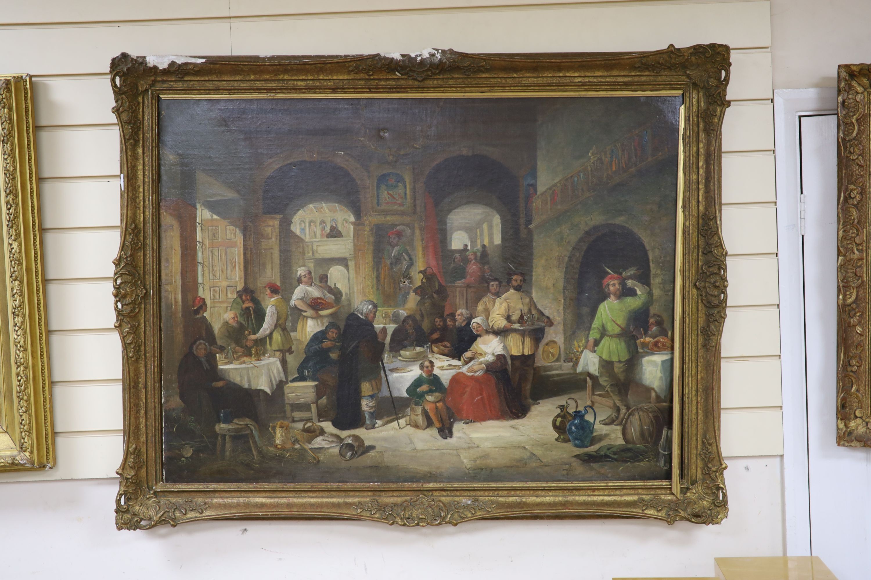 After David Wilkie, oil on canvas, mediaeval banquet, bears signature, 74 x 100 cm.